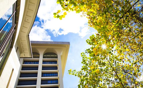 Sunny day outside Woodruff Library stacks tower