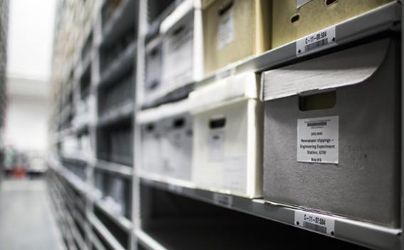 Shelved boxes in a storage facility